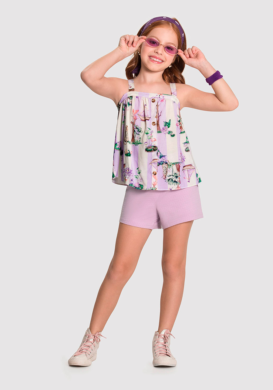 conjunto short e blusa estampado infantil menina colorido verão 2